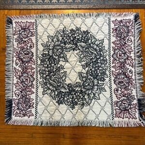 Vintage Floral Wreath Woven Tapestry Throw Blanket Reversible 51x46 Eclectic 90s